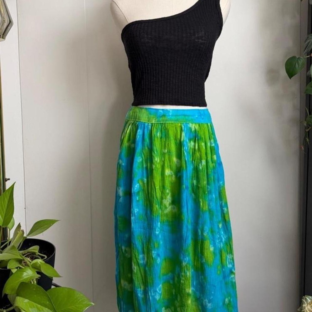 Vintage Teal Blue Green Tie Dye Cotton Crinkle Midi Skirt Side Zip Small
